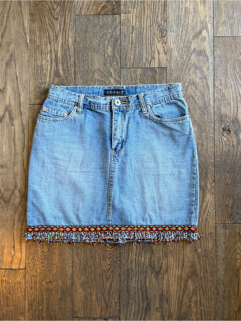 Buffalo David Bitton Light Blue Denim Mini Skirt with Beaded Fringe